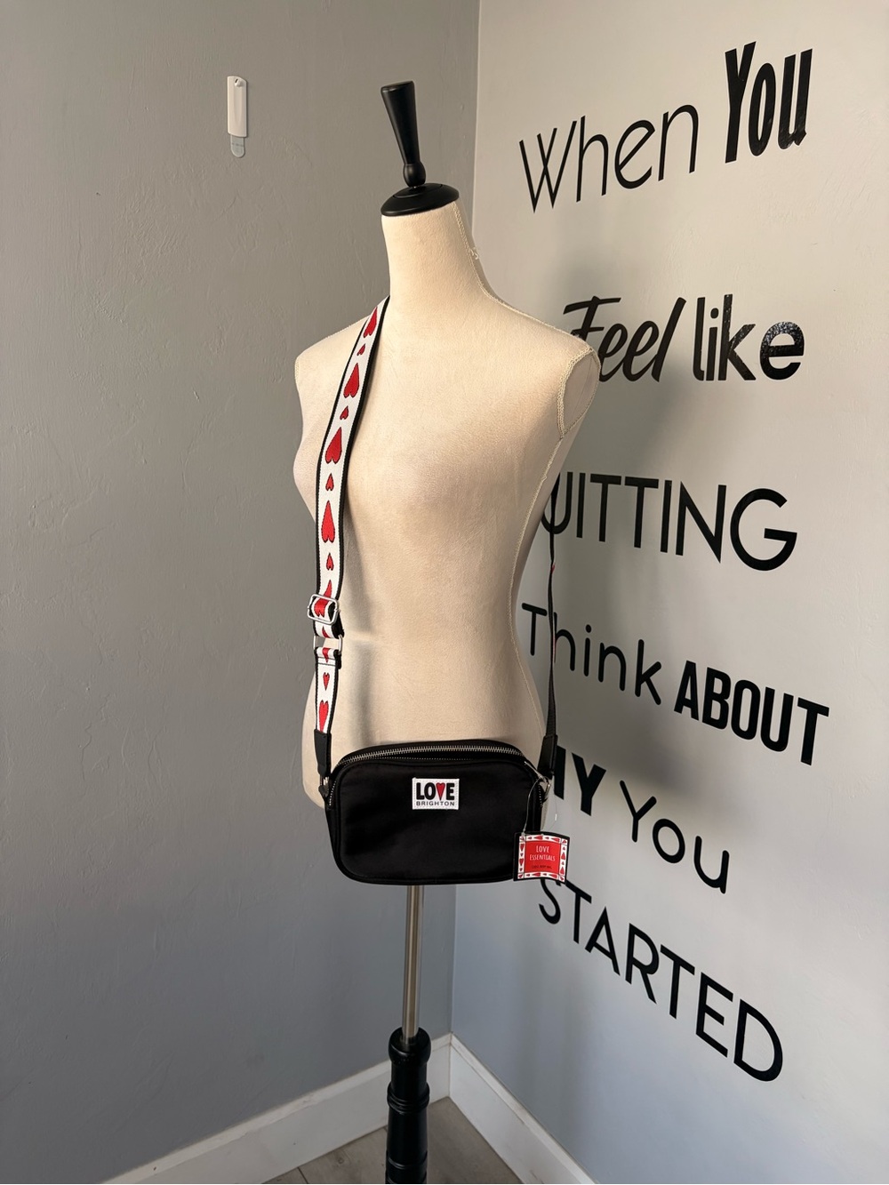 NWT Brighton Black Crossbody Bag with White and Red Heart Strap